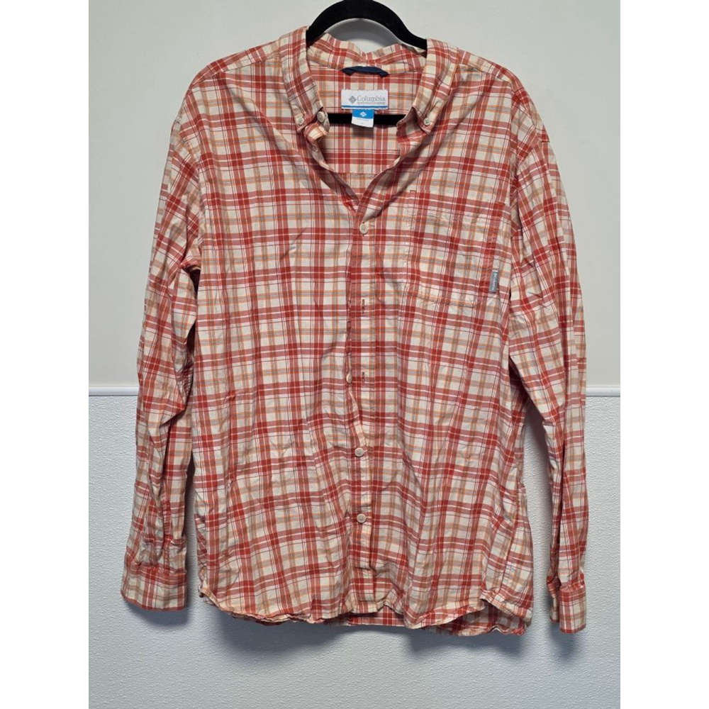 Men's Columbia Orange White Plaid Long‎ Sleeve Casual Button Down Shirt XL